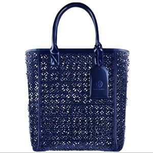 Tory Burch vacation beach travel tote lacer cut lace perforated blue navy purse